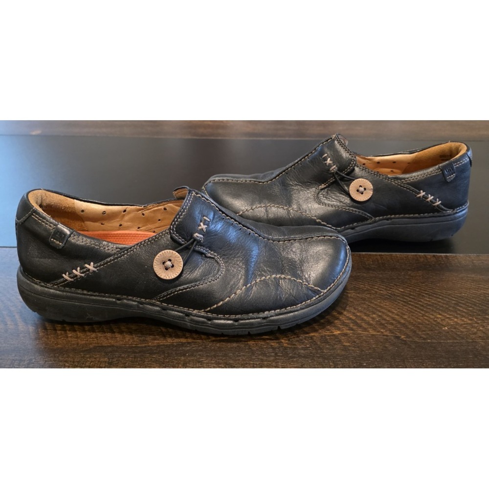 Clarks Unstructured Loafers Shoes Loop Button Slip On Black Leather 85071 sz 7 N
